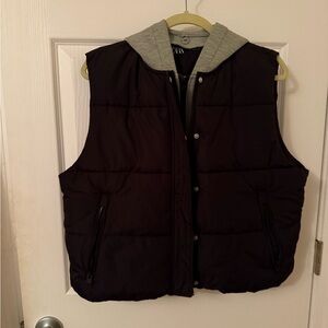 Black Puffer Vest with Gray Hood